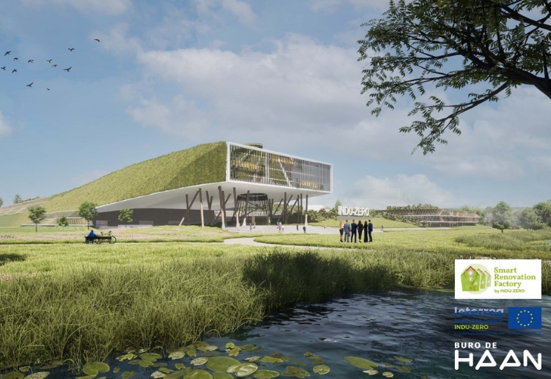 A futuristic factory building with grass on its sides and roof, set in a green landscape with a river.